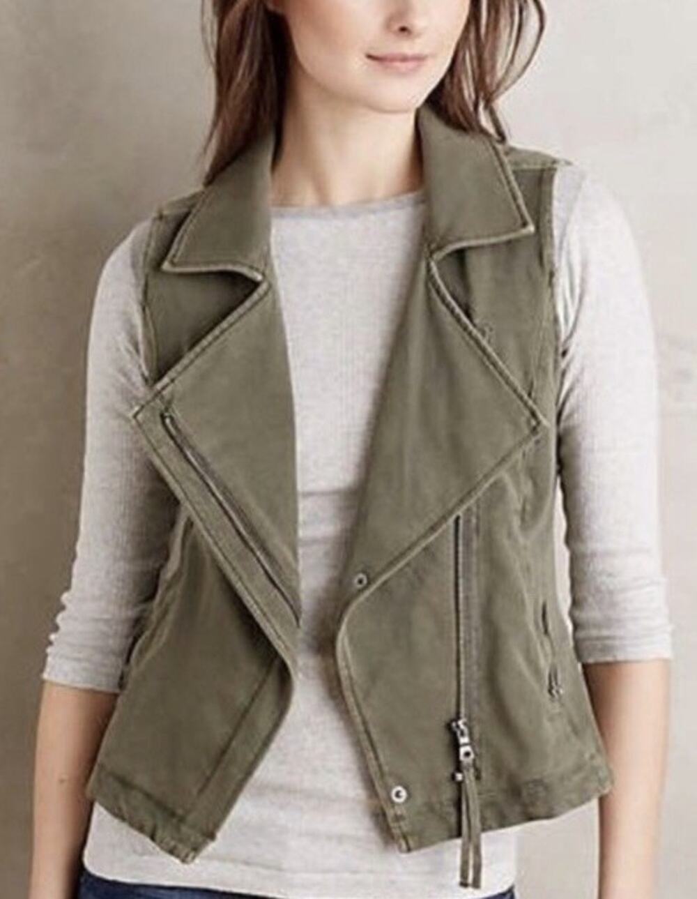 Marrakech Anthropologie Vest Army Green Womens S Utility Pockets Full Zip Collar